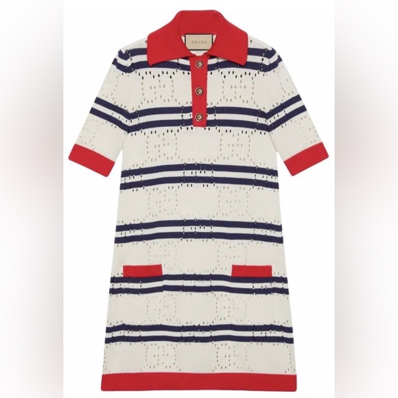 Gucci Knit White and Navy Striped Polo Dress - Picture 11 of 16